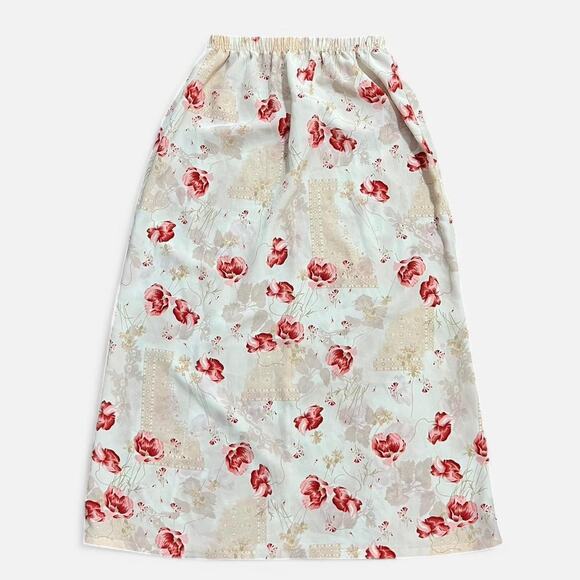 VTG Y2K Cream & Pink Floral Tea Rose Patchwork Print Coquette Cottage Maxi Skirt - Picture 1 of 8